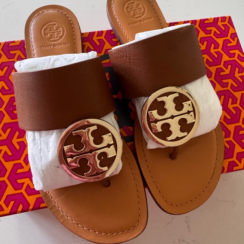 Tory Burch Tan Leather Slides with Gold Logo